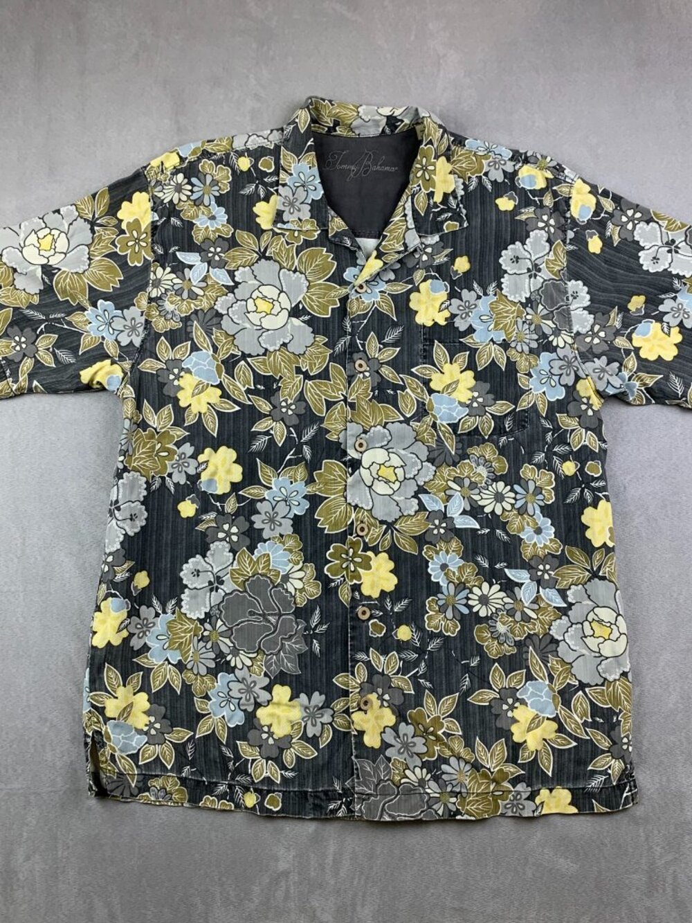 Tommy Bahama Mens Silk Camp Shirt Large Gray Yellow Floral Button Up Hawaiian